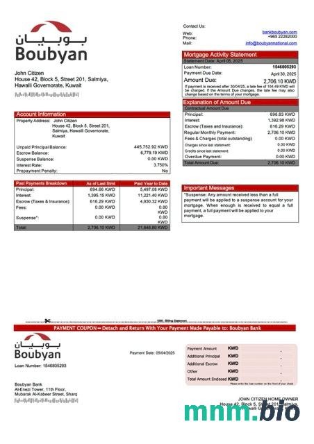 Kuwejt Bank Boubyan wyciąg z kredytu hipotecznego szablon Word i PDF